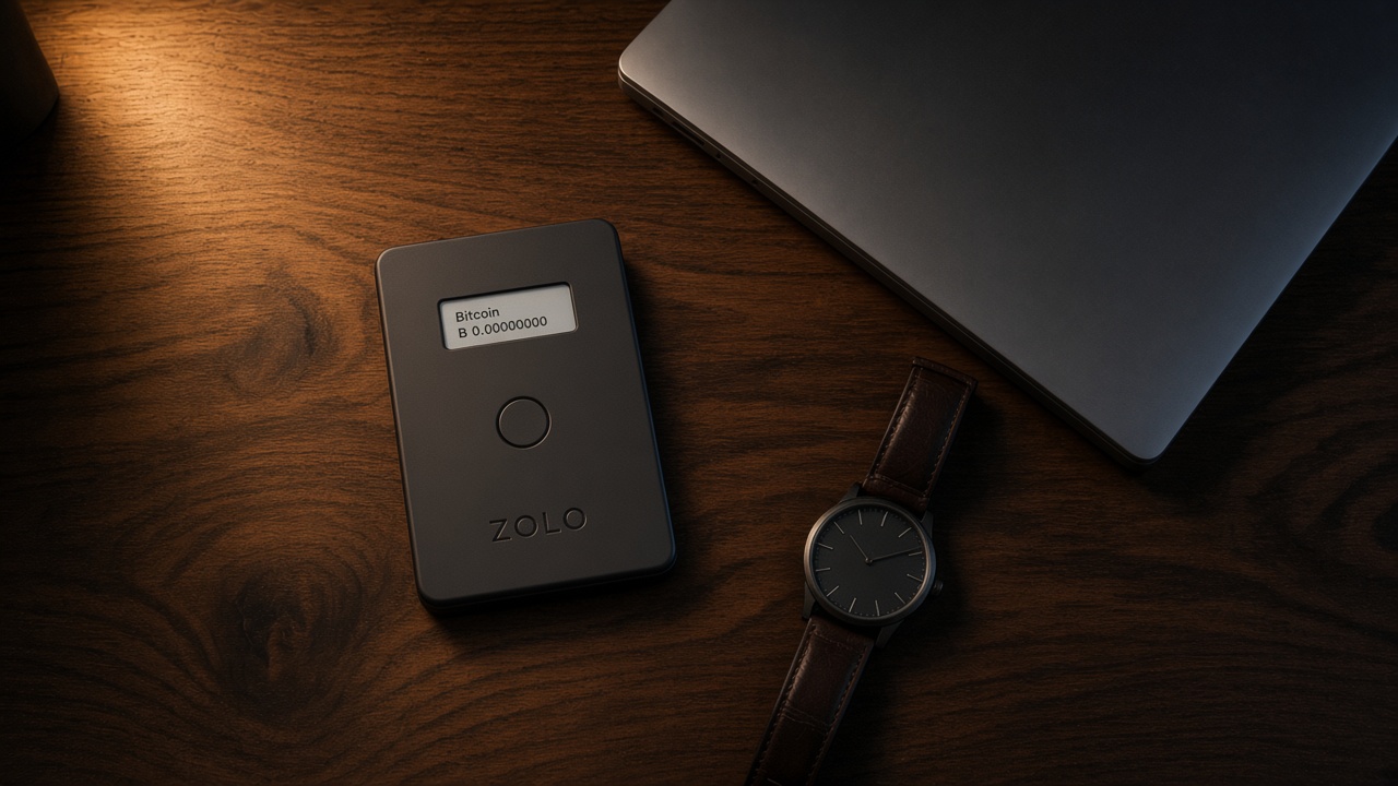 Overhead still life of ZOLO on a walnut desk with a closed ultrabook and a watch