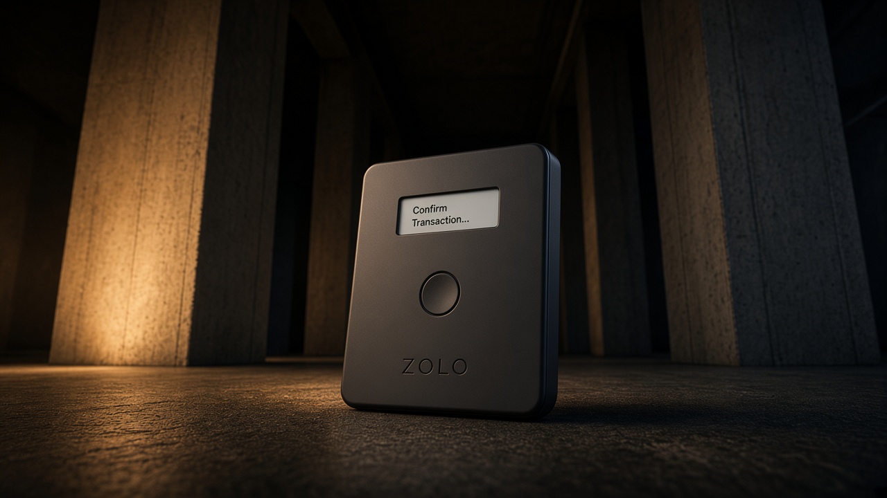 Low-angle view of the ZOLO hardware wallet on dark stone, concrete volumes rising behind it
