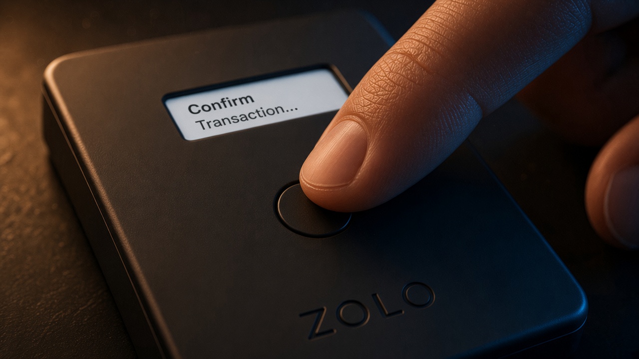 Finger pressing the circular button on ZOLO to confirm a transaction