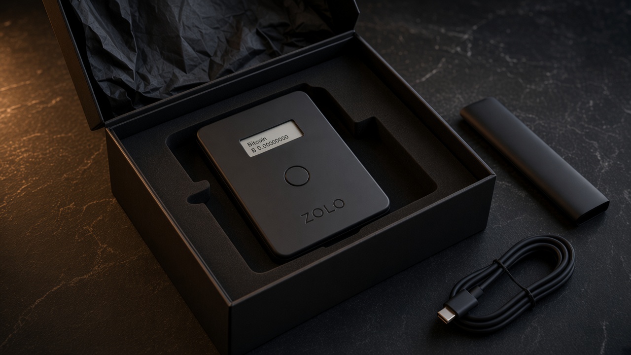 ZOLO hardware wallet half-nested in a charcoal travel case beside a coiled cable